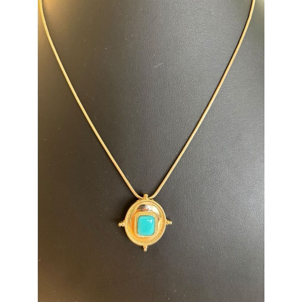 Gold Tone Pendant Necklace w/ Faux Turquoise Cabochon